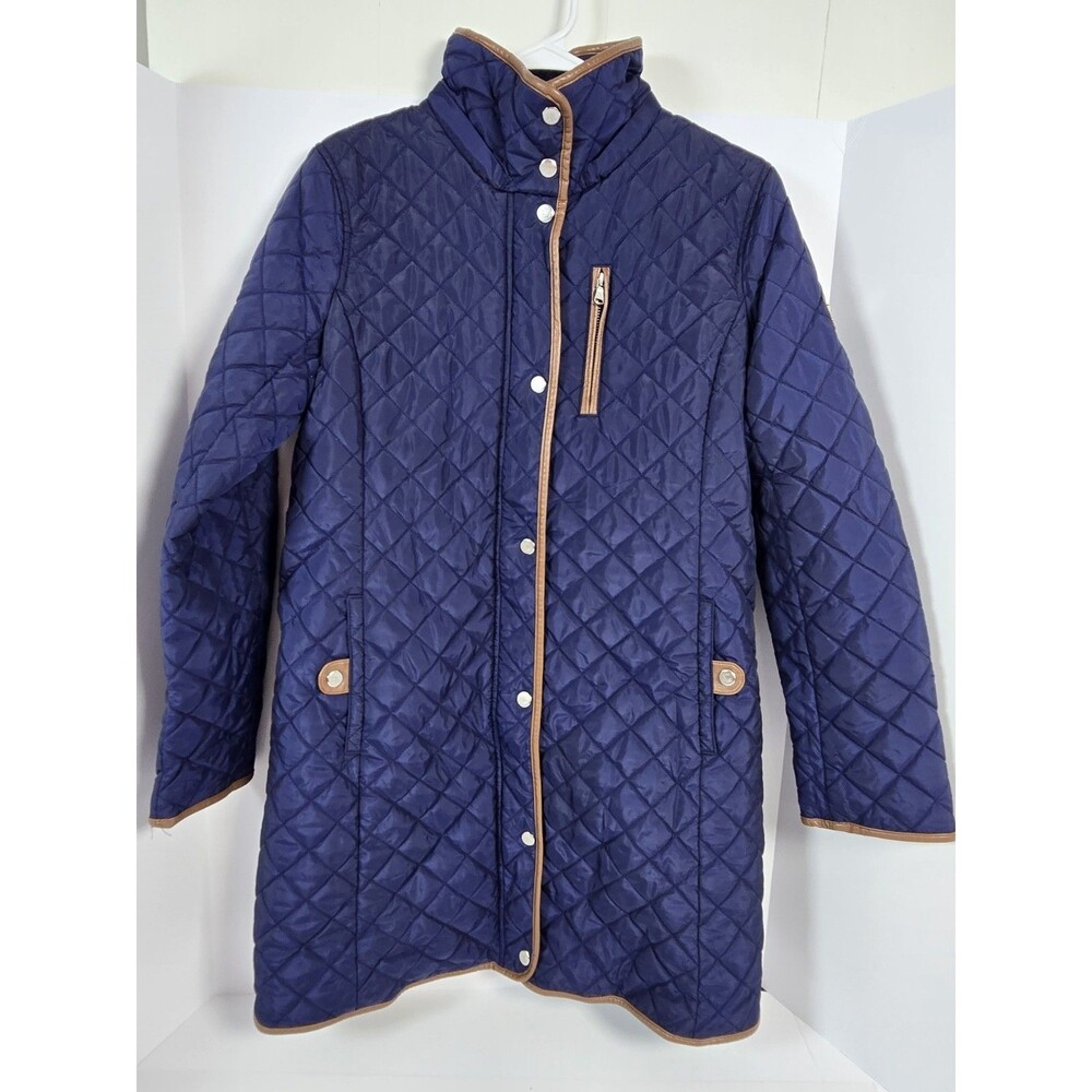 Lauren Ralph Lauren Womens S Navy Quilted Long Coat Faux Leather Trim Jacket LRL